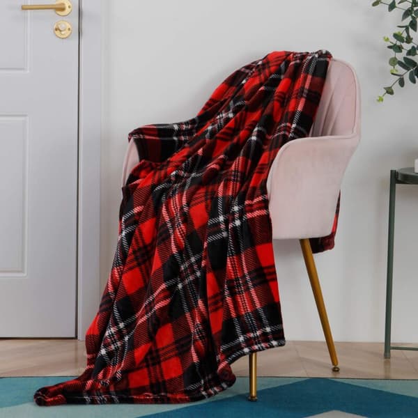 Fleece plaidtæppe til seng eller sofa. Helårs ternet flanelplaid 127 x 150 cm. Rød/Grå