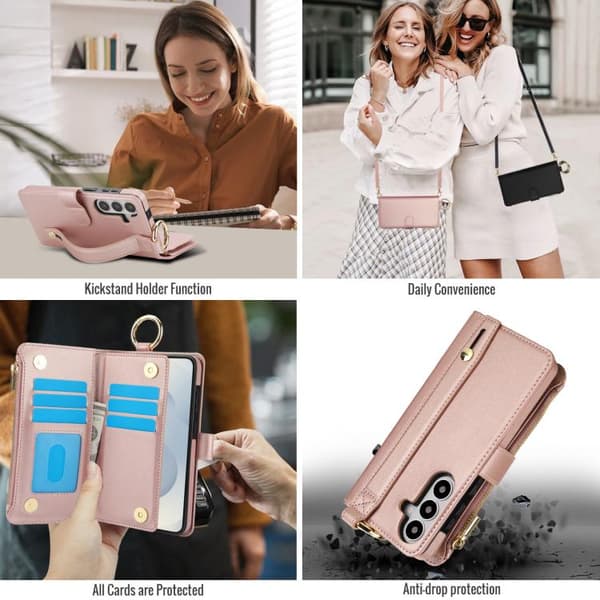 Samsung Galaxy S26+ / S26 Plus 5G Case Cover with Crossbody Ring Multifunctional Leather Wallet Roséguld