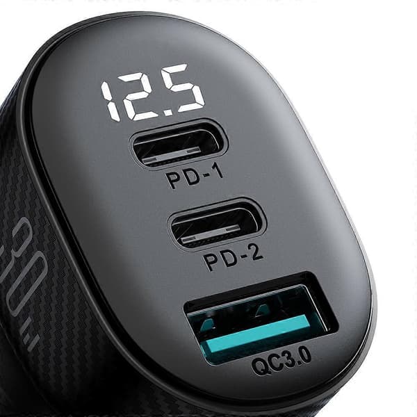 Billaddare med display 2x USB-C USB-A 30W svart