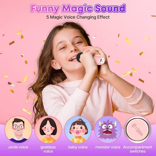 Karaokemaskin - 2 trådløse mikrofoner - Rosa/Lilla - Bluetooth 5.1 - Oppladbart batteri