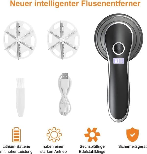 (Sort) Elektrisk fnugfjerner, fnugfjerner med LED-indikatorer, USB-genopladelig fnugfjerner med 6 blade til tøj