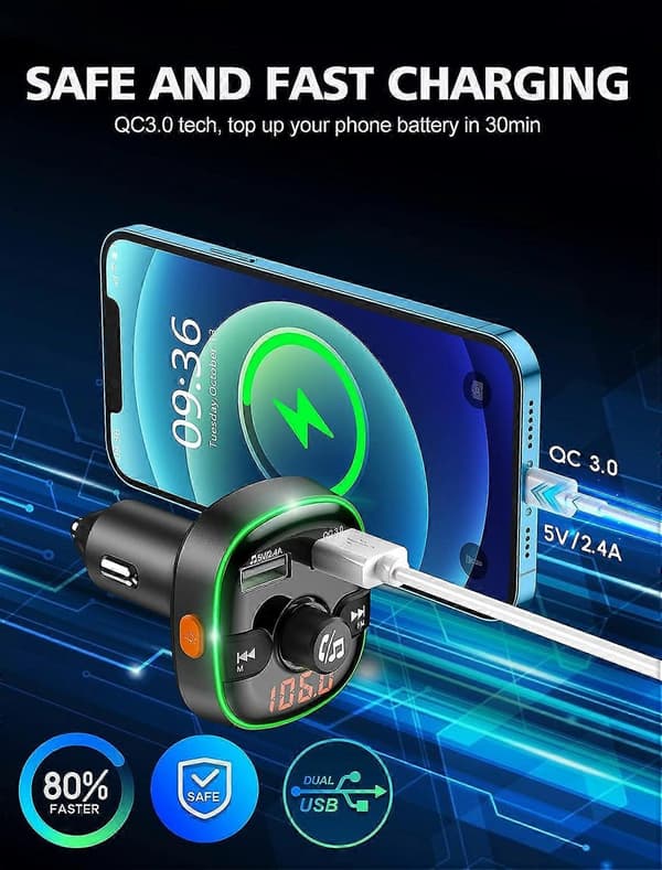 LINJOU FM-sender til bil Bluetooth 5.0, TEUMI 7 farver lys dobbelt USB QC3.0 & 2.4A biloplader Bluetooth bilsæt