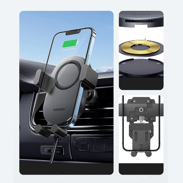 Qi 15W trådløs biloplader + telefonholder til ventilationsrist, sort