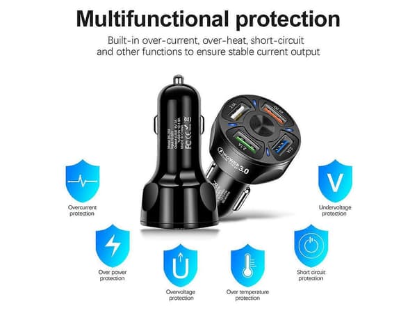 4 USB QC 3.0 Hurtigopladnings Biloplader Adapter Biltilbehør med LED-lys