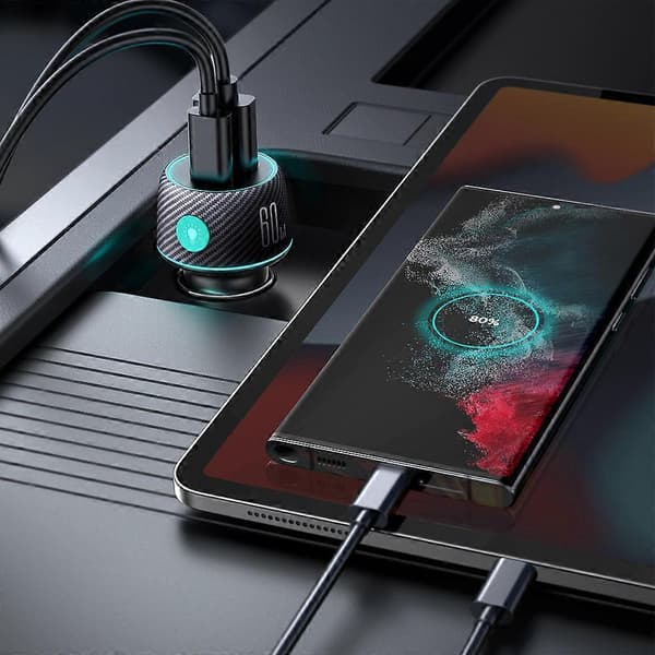 60W PD USB-C USB-A Billaddare, Svart