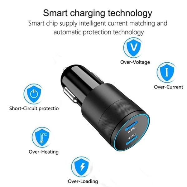 Biloplader - Dobbelt PD 40W - 2 x USB-C - 1m USB-C kabel - 12–24V (iPhone/iPad/Samsung)