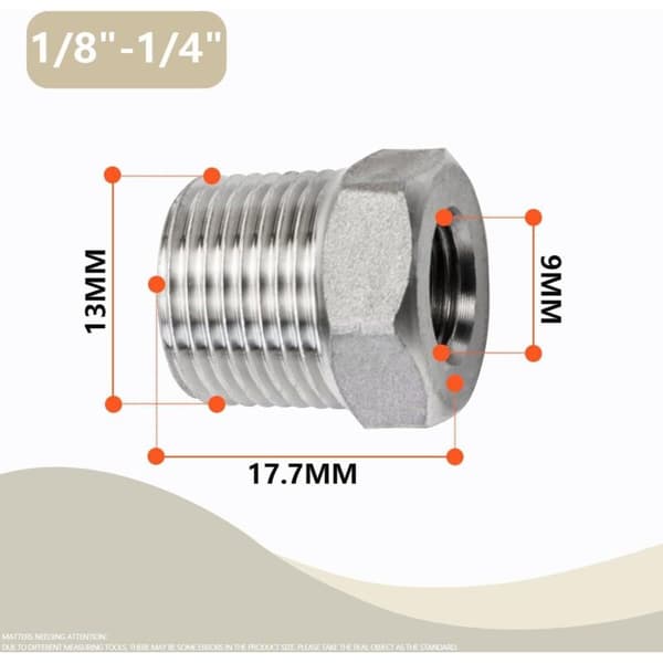 2 stk. 1/8\" hun til 1/4\" han sekskantet reduktionsfitting i rustfrit stål. BSP-gevind. Til rørforbindelse