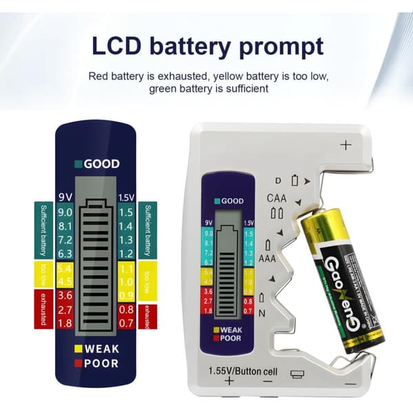 Universal Digital Batteritester. Digital Batteritester. Til AA, AAA, CDN, 9V og 1,5V knapcellebatterier
