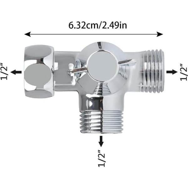 3-veis solid messingventil. 3-veis omkoblingsventil. 3-veis dusjfordelingsventil. G1/2\" T-adapterventil. For dusjhode og dusjarmfordeler