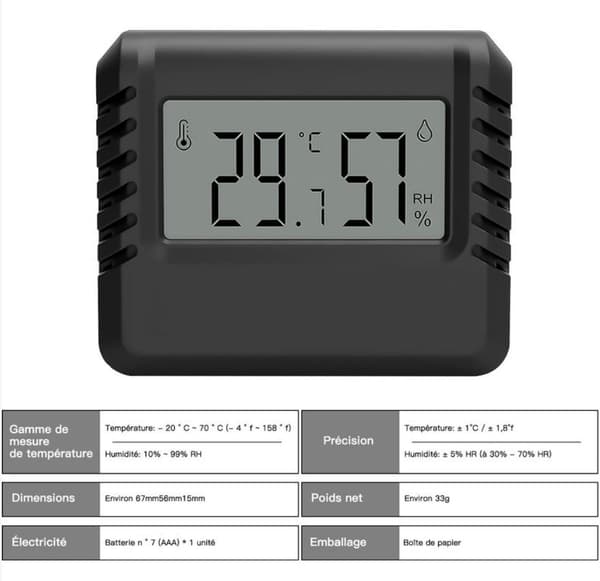 Mini elektronisk smart digitalt termometer hygrometer - svart, 1 stk