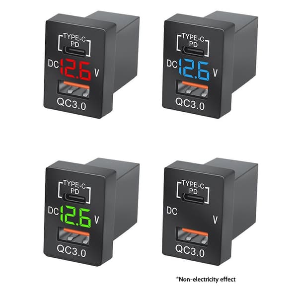 Ny oplader QC3.0 USB biloplader stik PD Type-C oplader med LED blåt digitalt voltmeter til ny