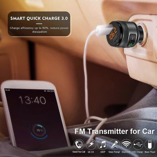 Bluetooth FM-sändare Adapter, QC3.0 USB Billaddare Adapter