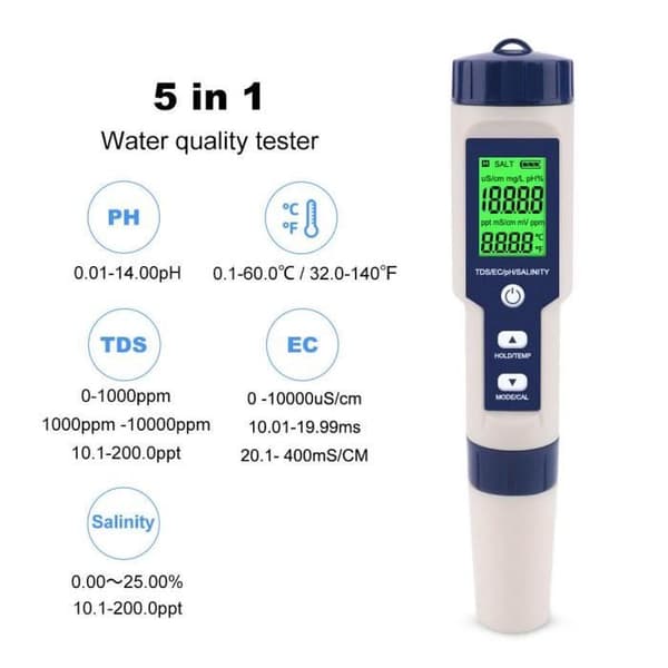 AIZHIYUAN EZ-9909 5-i-1 Vandkvalitetstester: pH, Salinitet, TDS, EC Tester med Baggrundsbelysning