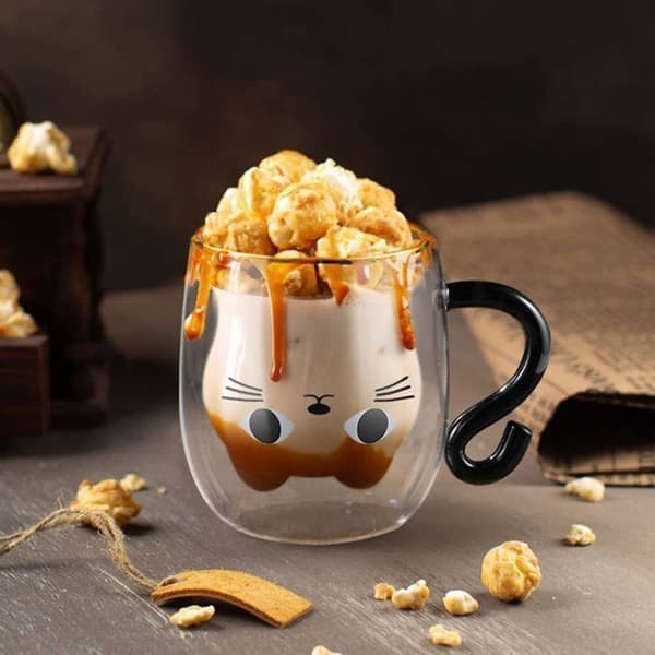 (White) Double-Walled Coffee Mug, Cute Double-Walled Cat Mug, 260 ml with Cat Coffee Mug Holds Latte Macchiato