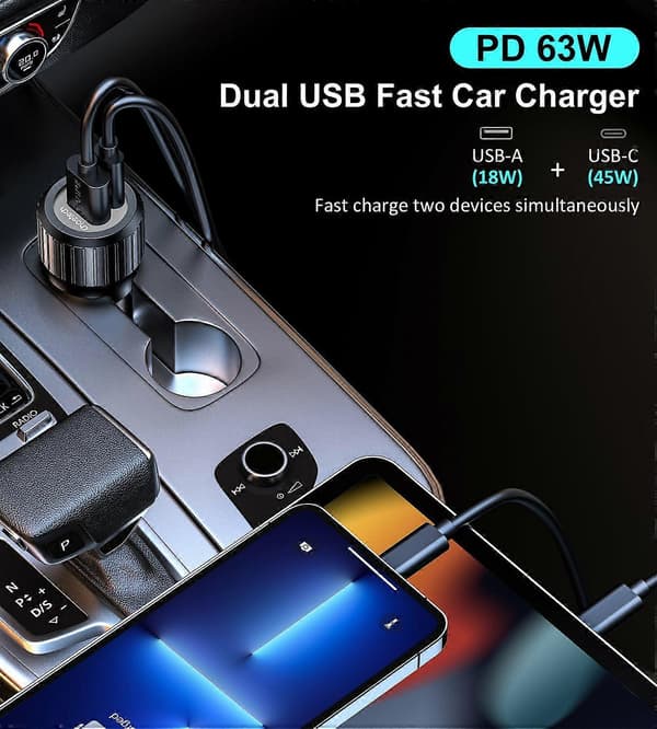 USB-C USB-A PD 63W Billaddare, Svart