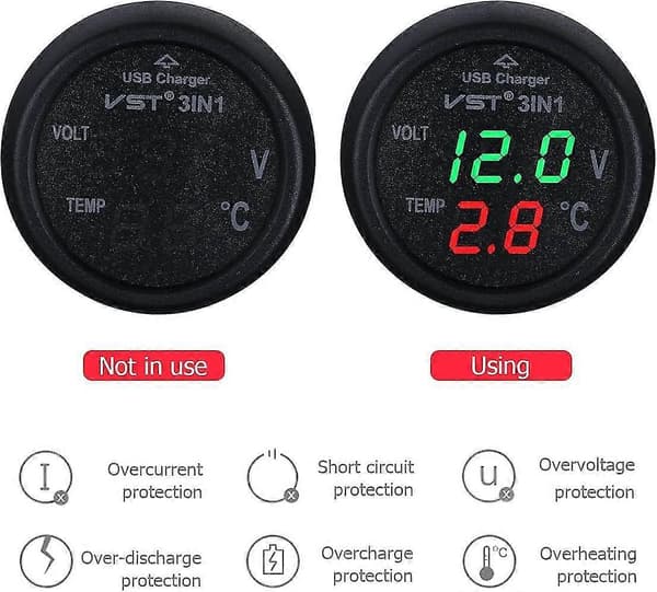 12-24 V Bilopladerstik med USB-port/Voltmeter/Termometer til biler (Grøn + Rød)
