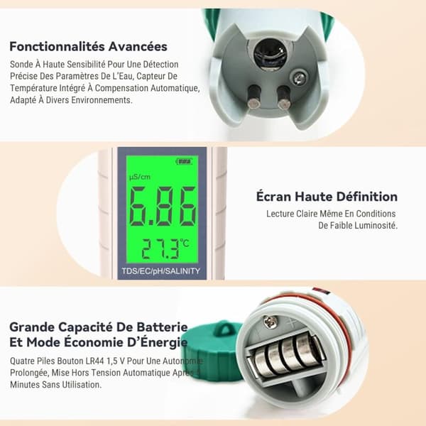 5-i-1 pH-meter. pH. TDS. EC. Salinitet. Termometer. pH-tester til pool med baggrundsbelyst LCD-skærm og temperaturkompensation