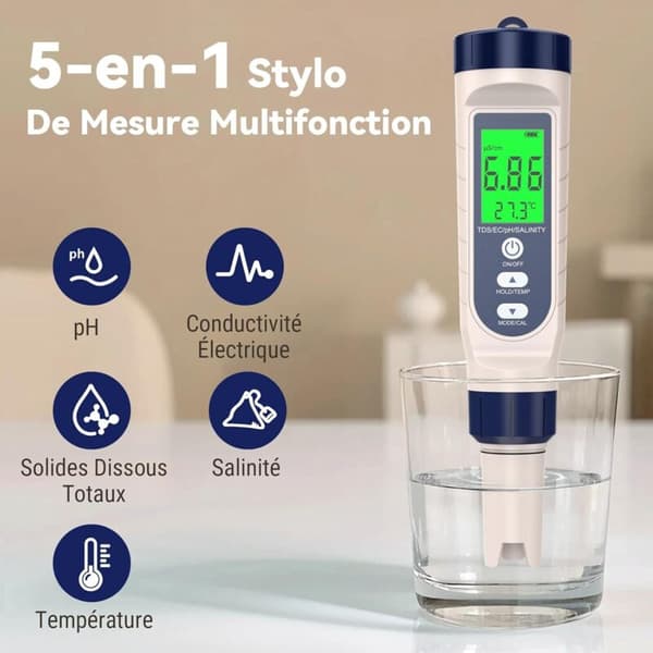 5-i-1 pH-meter. pH. TDS. EC. Salinitet. Termometer. pH-tester til pool med baggrundsbelyst LCD-skærm og temperaturkompensation