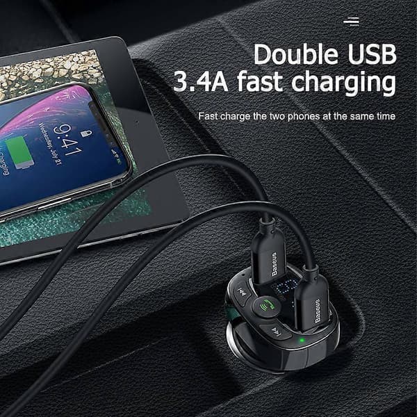 Baseus FM-sender Håndfri Bluetooth Bilsæt MP3-afspiller med 3.4A Dobbelt USB-biloplader FM-modulator Sender
