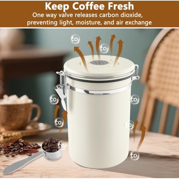 Lufttæt kaffebeholder i rustfrit stål. 1,8L lufttæt kaffebeholder med datomarkør og målekop til mel, bønner og hvid te