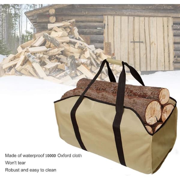 Førsteklasses vedpose. Laget av polyester. Bærbar vedkurv. Sammenleggbar peispose. Vanntett peispose (khaki).