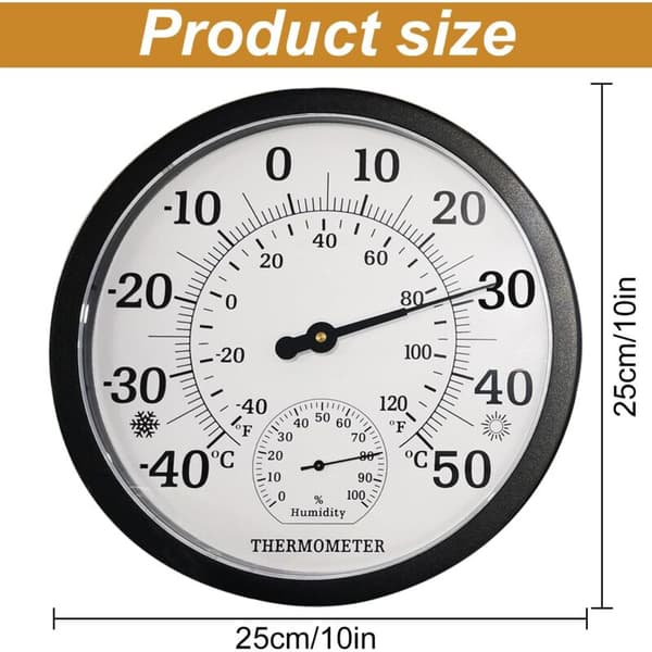 Stort 2-i-1 indendørs/udendørs termometer - Analogt - 25,4 cm - Med hygrometer