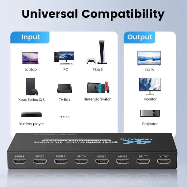HDMI Switch 7x1 with 4K@60Hz and IR Remote Control, for PS5 PS4 Xbox DVD Player