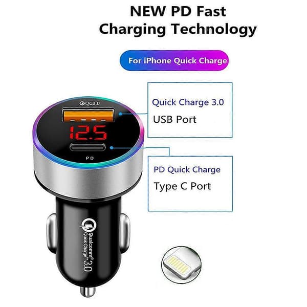 QC3.0+PD Hurtiglading Dobbel USB LED Digital Display Lys Billader - Sølv (Ett Sett)