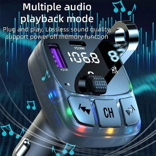 C57 PD Type-C + Dobbel USB Billader Fargerikt Lys Bil Bluetooth Adapter FM-sender
