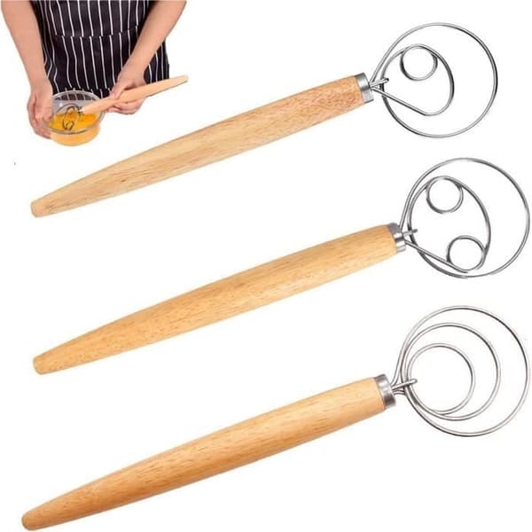 Egg Whisk, Dough Whisk, 3 Professional Kitchen Whisks, Wooden Handle Mixer, Danish Egg Whisk, 33.3*8.2 cm
