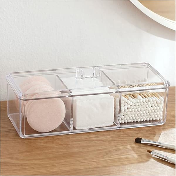 1 pc Square Qtip Holder, 3-Compartment Cotton Pad and Pad Organizer, Clear Acrylic Containers with Lids for Bathroom Vanity