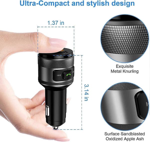 Bluetooth FM-sändare Adapter, QC3.0 USB Billaddare Adapter