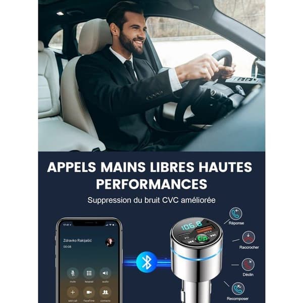 Bluetooth FM-sender - TANDE - Bluetooth 5.3 - PD 30W Type-C - QC3.0 18W - Helt metal