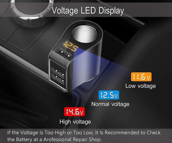 Billader, 3 USB sigarettenneradaptere, uttakssplitter og voltmeter