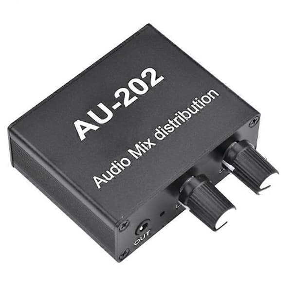AU-202 2 Input 2 Output Stereo Mixer Audio Splitter for Headphones External Power Supply AMP Volume Separate