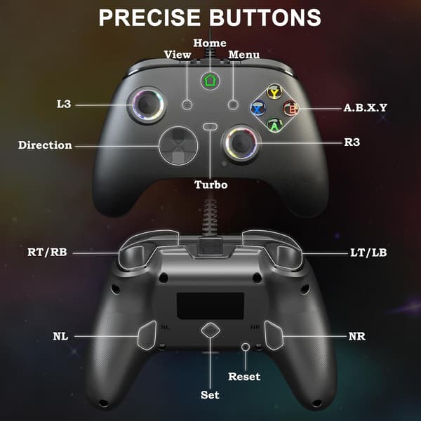 2025 Latest Model Wired Gaming Controller for X-BOX-1/One and PC, Supports RGB LED, Turbo, Programmable Button, 3.5mm Jack, Vibration, USB Ga
