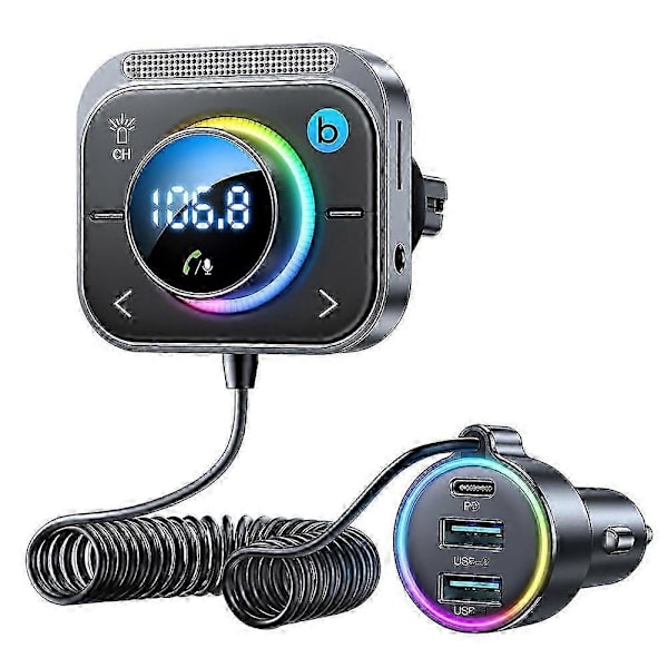 Bluetooth 5.3 FM/AUX Bluetooth Biladapter 3 Porter PD&QC3.0 FM-modulator Bluetooth Bilsender Billader Bluetooth Adapter