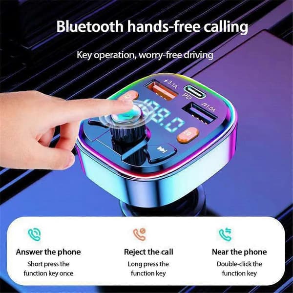 Q3 3.1A USB+PD Bluetooth Biloplader Bil FM-sender Farverig Belysning