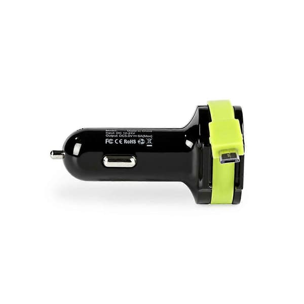 Billader 3 uttak USB 6A med flat kabel 26cm, svart
