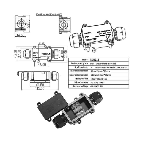 Ip68 Waterproof Junction Box, 3-Way Outdoor Electrical Connections, Cable Pa9, External Sleeve Protection
