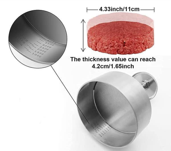Burgerpresse i rustfrit stål 304 Pâtéform til Burger-111.5*4.5cm, 1 stk presse