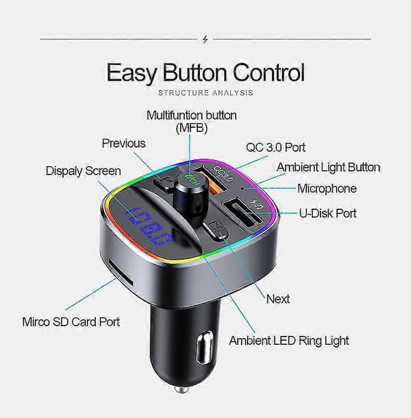 Biloplader Hurtig Opladning/ Mp3 Bluetooth Afspiller/ Fm Transmitter-God
