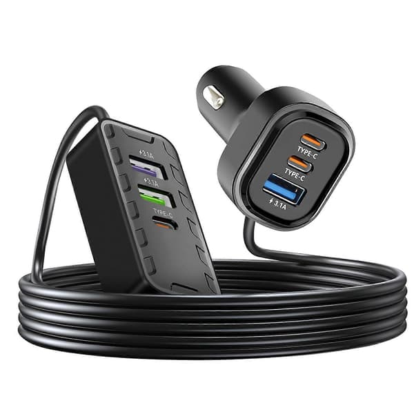 Billader 22,5W 3 USB-C + 3 USB Forlengelseskabel 1,5m, Svart