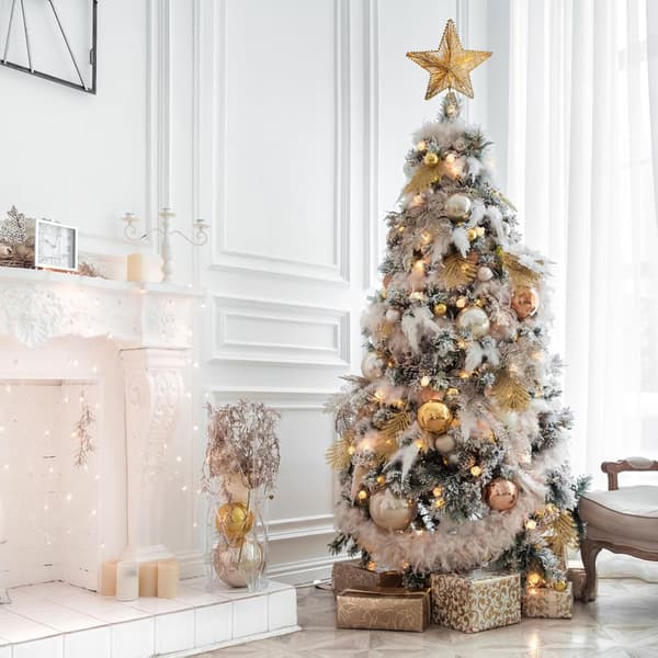1 stjerne til juletretopp i gull med glitter og 10 LED-lys, juletrepynt
