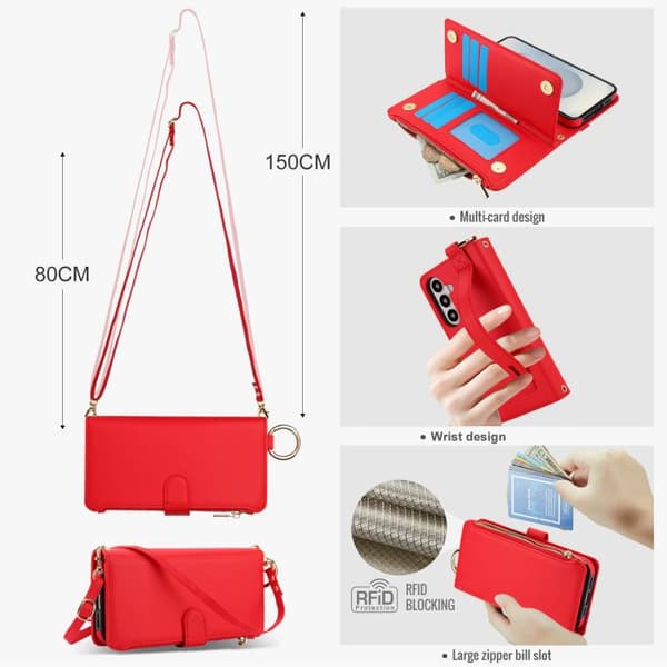 Samsung Galaxy S26+ / S26 Plus 5G Case Cover with Crossbody Ring Multifunctional Leather Wallet Röd