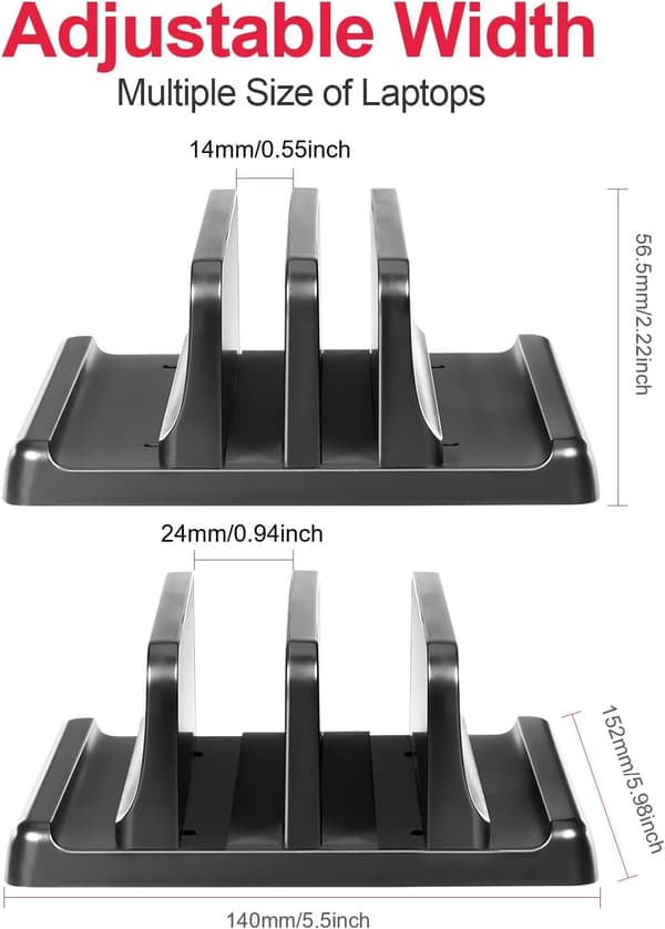 1 pc Vertical Laptop Stand, Double Adjustable 2 Slots Upright Laptop Storage Holder for Desk Stand Space Saving - Black