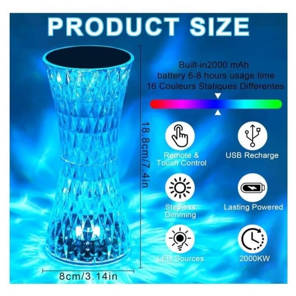 (Rosa) Bordlampe - Akryl - LED-krystallampe - 16 farver - Dæmpbar - USB-opladelig