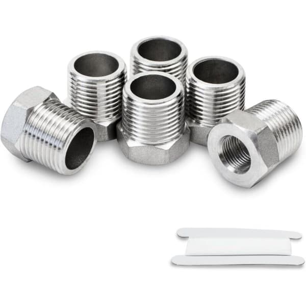 2 stk. 1/8\" hun til 1/4\" han sekskantet reduktionsfitting i rustfrit stål. BSP-gevind. Til rørforbindelse