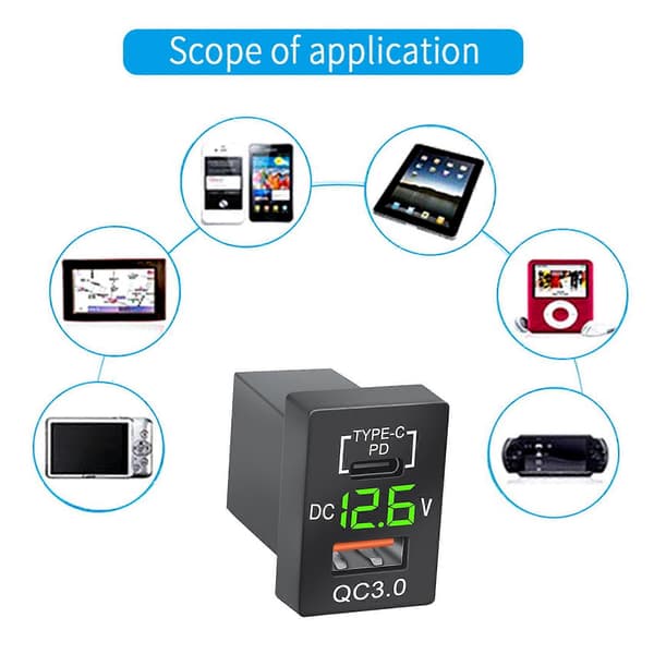 Ny oplader QC3.0 USB biloplader stik PD Type-C oplader med LED blåt digitalt voltmeter til ny