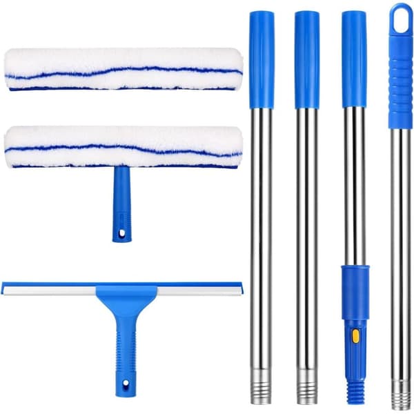 Professional Window Cleaning Set, Detachable Long Handle, 150 cm, 2-in-1 Window Cleaner, Soft Rubber Handle with Microfiber Cloth